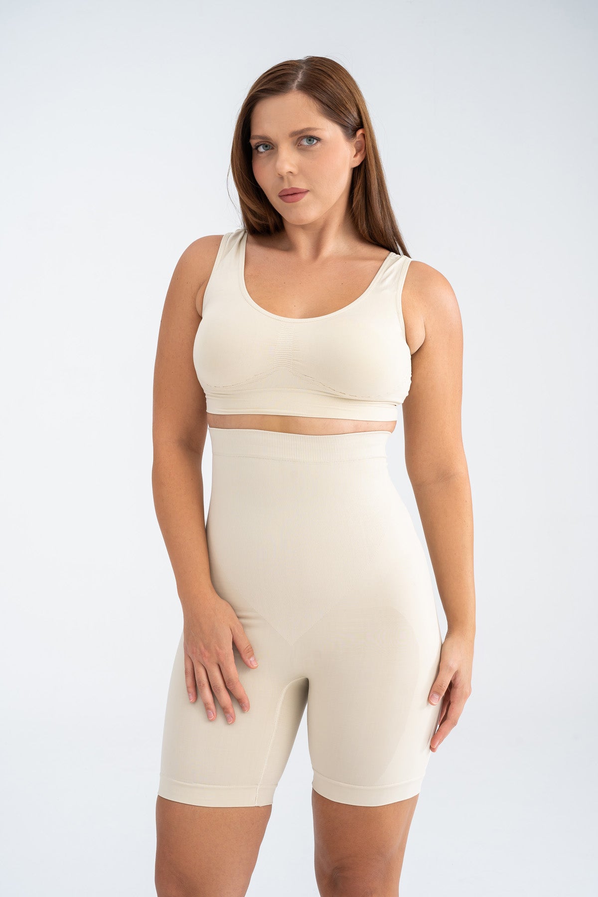 Premium Bej Üst Bacak Basen Göbek Ve Bel Çevresi Toparlayıcı Kalça Dikleştirici Diz Üstü Korse