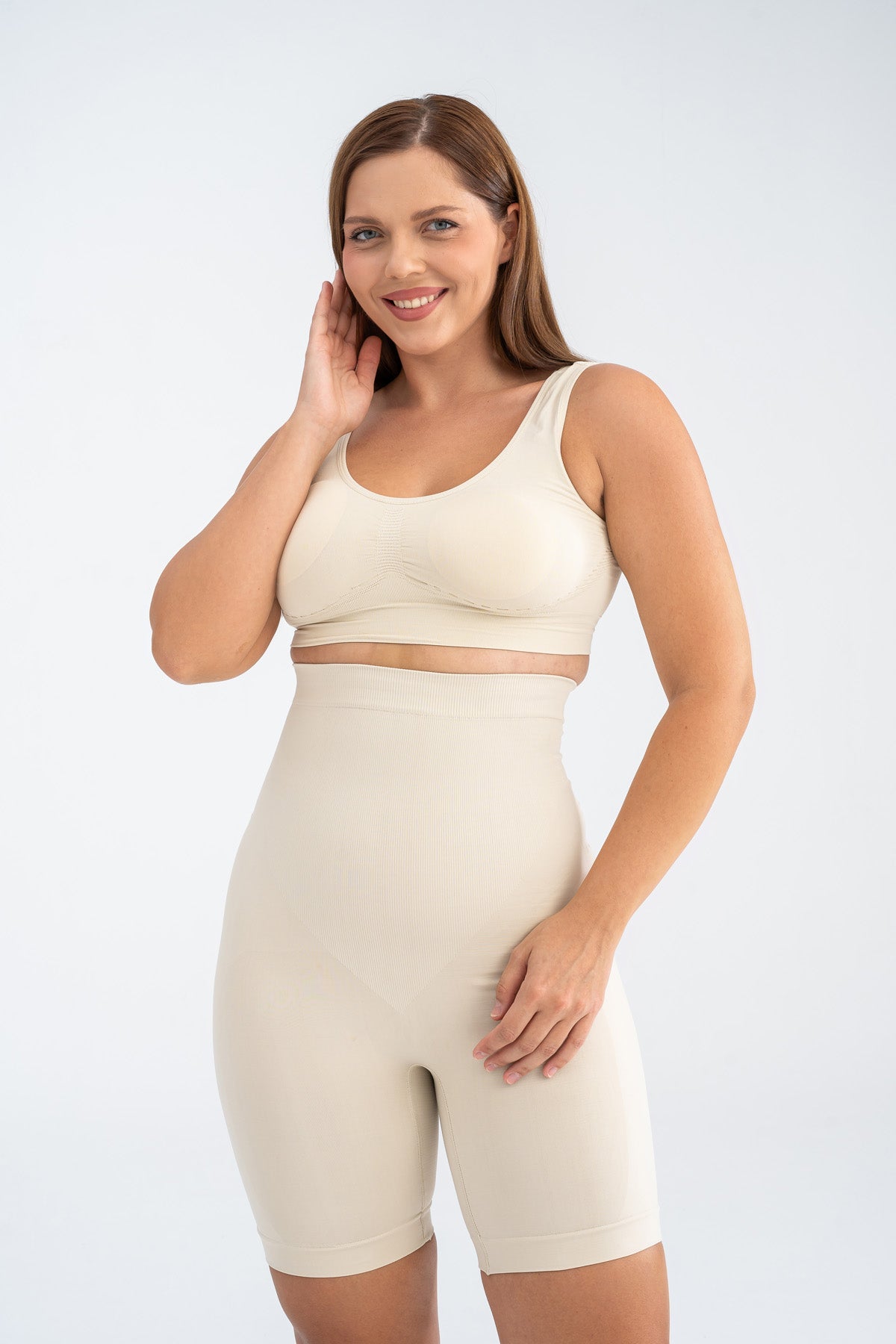 Premium Bej Üst Bacak Basen Göbek Ve Bel Çevresi Toparlayıcı Kalça Dikleştirici Diz Üstü Korse